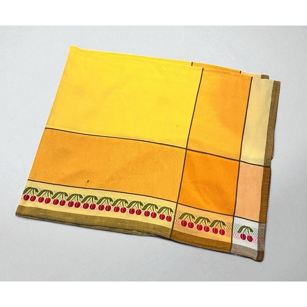 Vtg Tablecloth Orange Yellow & White Plaid Cherry Border Rectangle 46.5 x 55